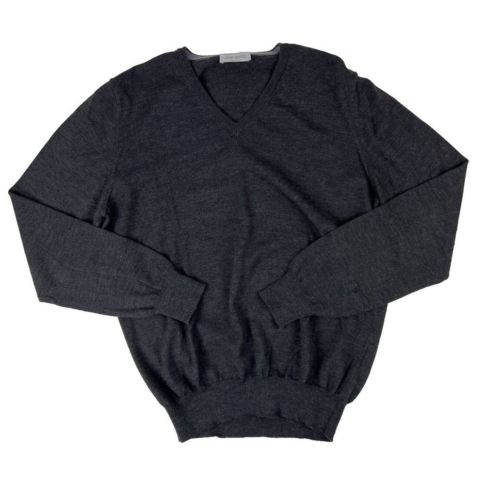 Gran Sasso Gray Merino Wool L/S V-Neck Jumper Sweater Mens Size Medium M